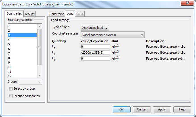 Po przypisaniu stali do modelu zdefiniowano warunki brzegowe: PHYSICS Boundary Settings.