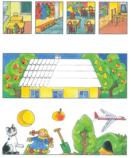 1. Pasakyk paveikslėliuose pavaizduotų mokyklos patalpų pavadinimus skiemenimis. Nupiešk tiek skrituliukų, kiek žodžiuose girdi skiemenų. 2. Uždenk mokyklos stogą.