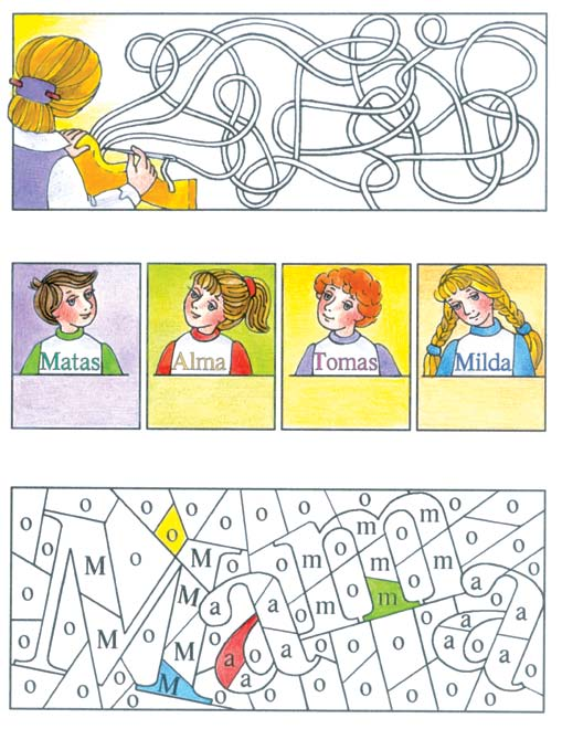 6. Rask ir nuspalvink siūlą, kuriuo siuva mama. 7. Pasakyk vaikų vardus skiemenimis ir garsais.