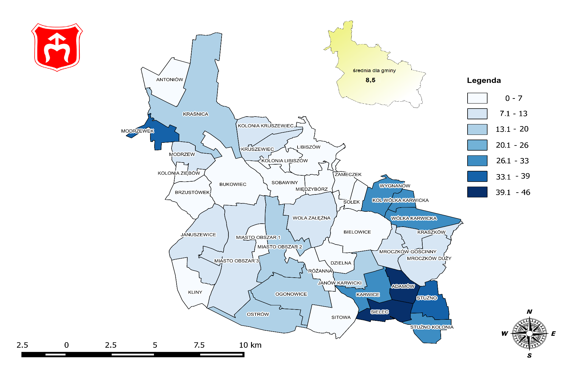 Mapa 16 Rozkład wartości wskaźnika liczba osób którym przyznano świadczenie z pomocy społecznej z powodu ubóstwa na 1 000 mieszkańców w