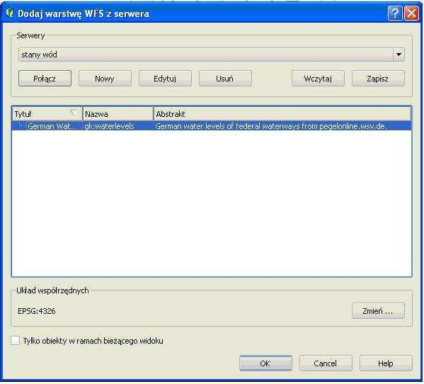 Rysunek 5: Dodawanie warstwy WFS (poziomy wody).