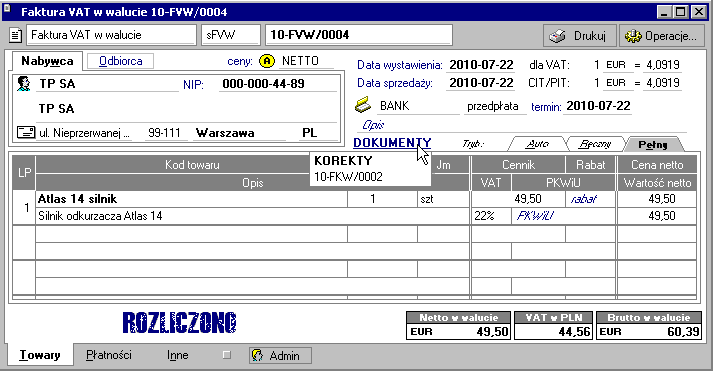 Sprzedaż 5 15 Rys. 5-5 Lista dokumentów korygujących powiązanych z prezentowanym dokumentem. Strona danych o towarach Strona ta pojawia się po kliknięciu listka Towary w oknie wystawiania dokumentu.