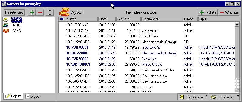 Rozliczenia finansowe Kartoteka pieniędzy Po kliknięciu przycisku Pieniądze lub wybraniu polecenia Pieniądze z menu Kartoteki pojawia się okno Kartoteka pieniędzy. Rys. 6-1 Okno kartoteki pieniędzy.