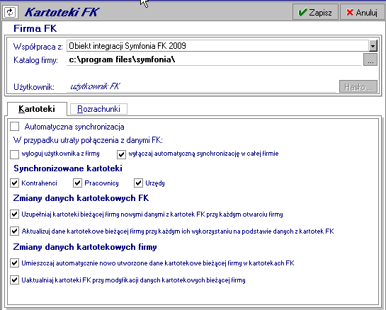 Rozliczenia finansowe 6 21 Rys. 6-11 Ustawienie Kartoteki FK, Strona Kartoteki. Proces synchronizacji składa się z dwóch etapów.