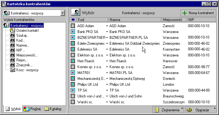 3 4 Podręcznik użytkownika Faktura Rys. 3-1 Okno kartoteki kontrahentów. Okno kartoteki jest podzielone na dwie części.