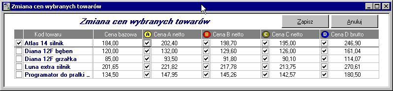 3 28 Podręcznik użytkownika Faktura Zmiana dodatkowych pól Rys. 3-18 Okno operacji grupowej Zmiany cen towarów. Operacja pozwala na wprowadzanie nowych wartości pól dodatkowych.