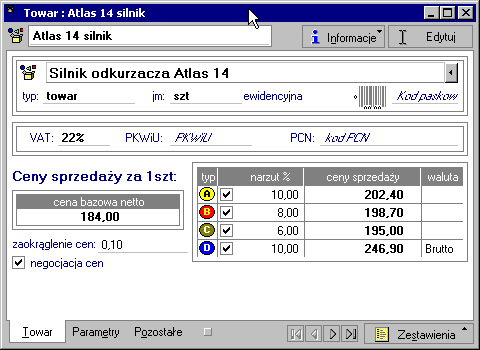 Podstawowe pojęcia i dane 3 29 Pola opisujące ceny towaru to: Cena bazowa netto Rys. 3-19 Towar typu towar - podstawowe dane o towarze.