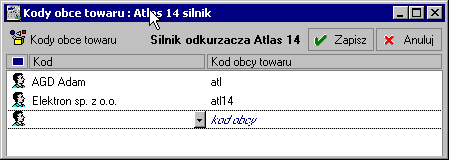 Podstawowe pojęcia i dane 3 33 Element innych towarów Rys. 3-24 Okno Kody obce towaru. Polecenie to jest dostępne tylko w przypadku asortymentów, które zostały użyte przy definiowaniu zestawów.