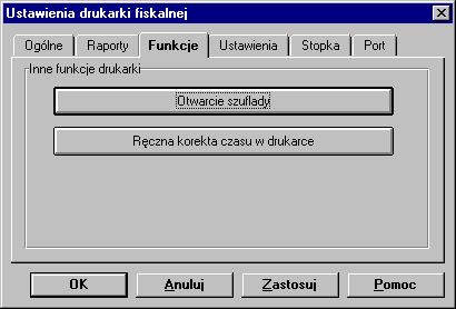 4 8 Podręcznik użytkownika Faktura Zakładka Funkcje Na zakładce tej znajdują się przyciski, udostępniające inne funkcje drukarki: Otwarcie szuflady Rys. 4-7 Zakładka Funkcje.