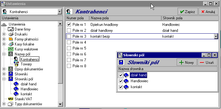 Administracja 4 17 Rys. 4-14 Okno ustalania kursów walut. Nazwy pól Ustawienie to umożliwia wprowadzenie nazw pól dodatkowych dla wybranych formatek.