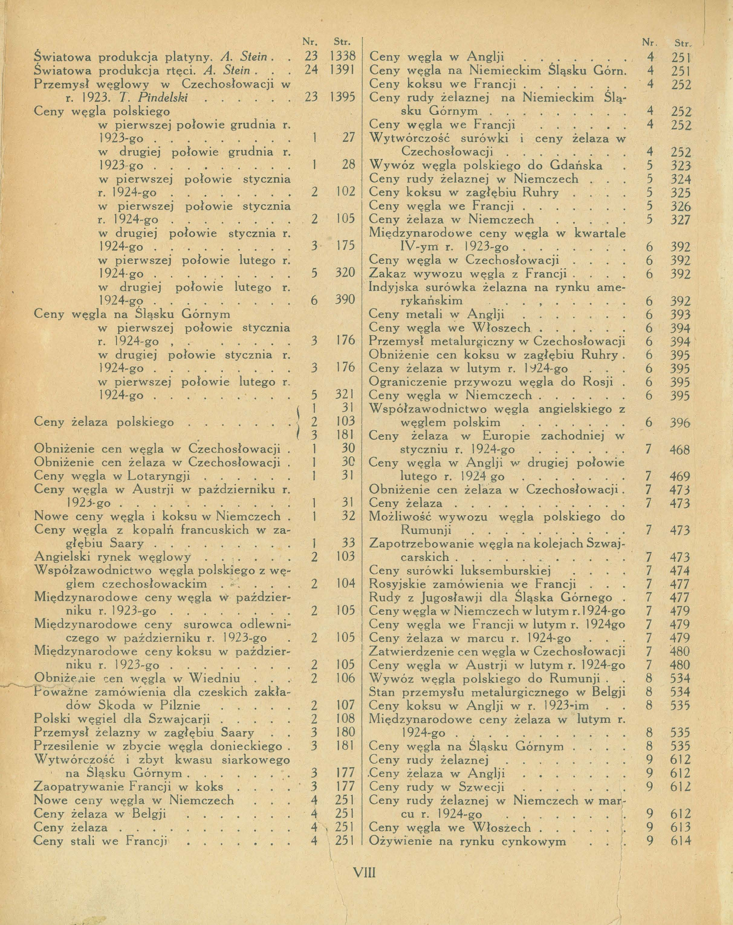 Światowa produkcja patyny. A. Stein. Światowa produkcja rtęci. A. Stein.. Przemysł węgowy w Czechosłowacji w r.. T. Pindeski Ceny węga poskiego w pierwszej połowie grudnia r.