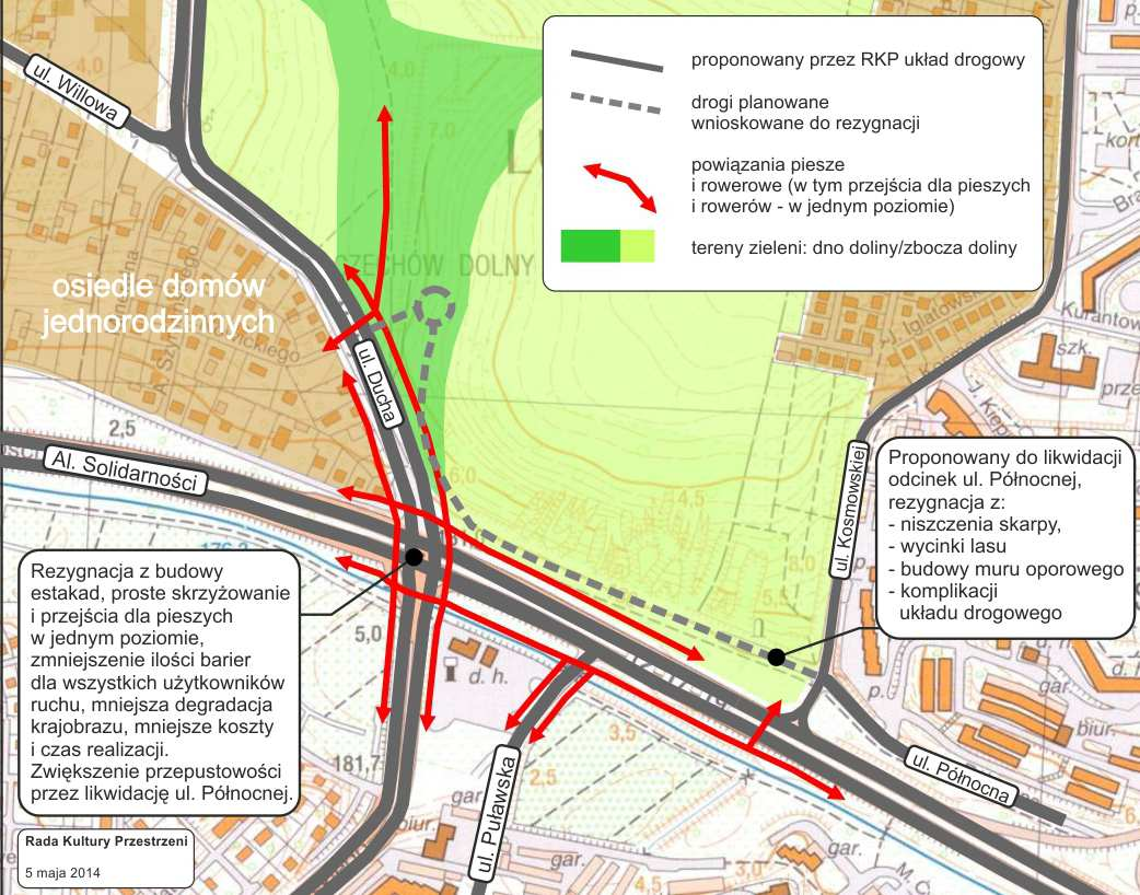 Powyżej: Mapa poglądowa proponowanych rozwiązań upraszczających układ drogowy i obniżających koszty inwestycji.