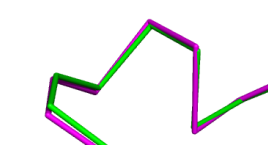 Rysunek 6. Nałożenie fragmentów struktury doświadczalnej białka (w kolorze fioletowym) i modelu utworzonego w wyniku rzutowania na siatkę zastosowaną w modelu CABS (kolor zielony).