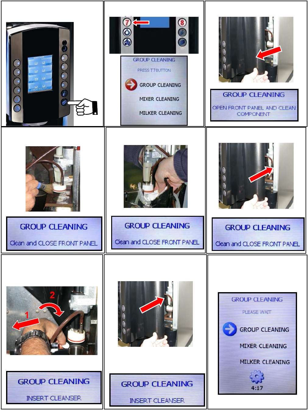 7. AUTOMATYCZNE CZYSZCZENIE GRUPY, PRZYSTAWKI SPIENIAJĄCEJ ORAZ MIKSERA NA KONIEC KAŻDEGO DNIA ROBOCZEGO BĄDŹ JEŚLI URZĄDZENIE NIE BYŁO UŻYWANE PRZEZ DŁUŻSZY CZAS ZALECA SIĘ WYKONANIE PROCEDURY