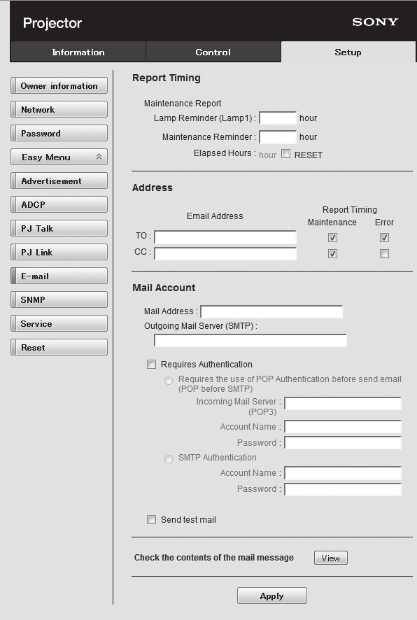 Aby zresetować przypomnienie o konserwacji Maintenance Reminder, zaznacz pole wyboru RESET i kliknij przycisk [Apply].