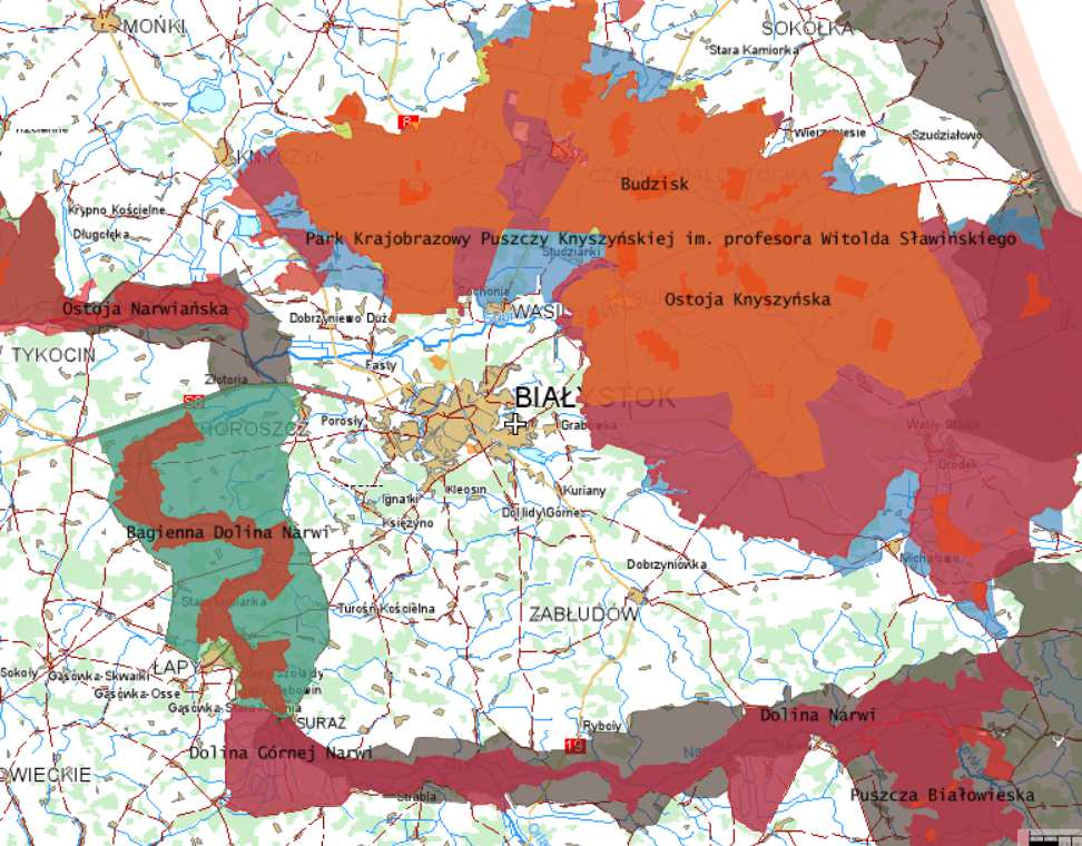 Mapę obszarów chronionych Natura 2000 w rejonie Białegostoku przedstawiono na rysunku 21. Rys. 21. Mapa obszarów chronionych w rejonie Białegostoku Źródło:www.geoportal.gov.pl, dostęp 15.10.2013 r.