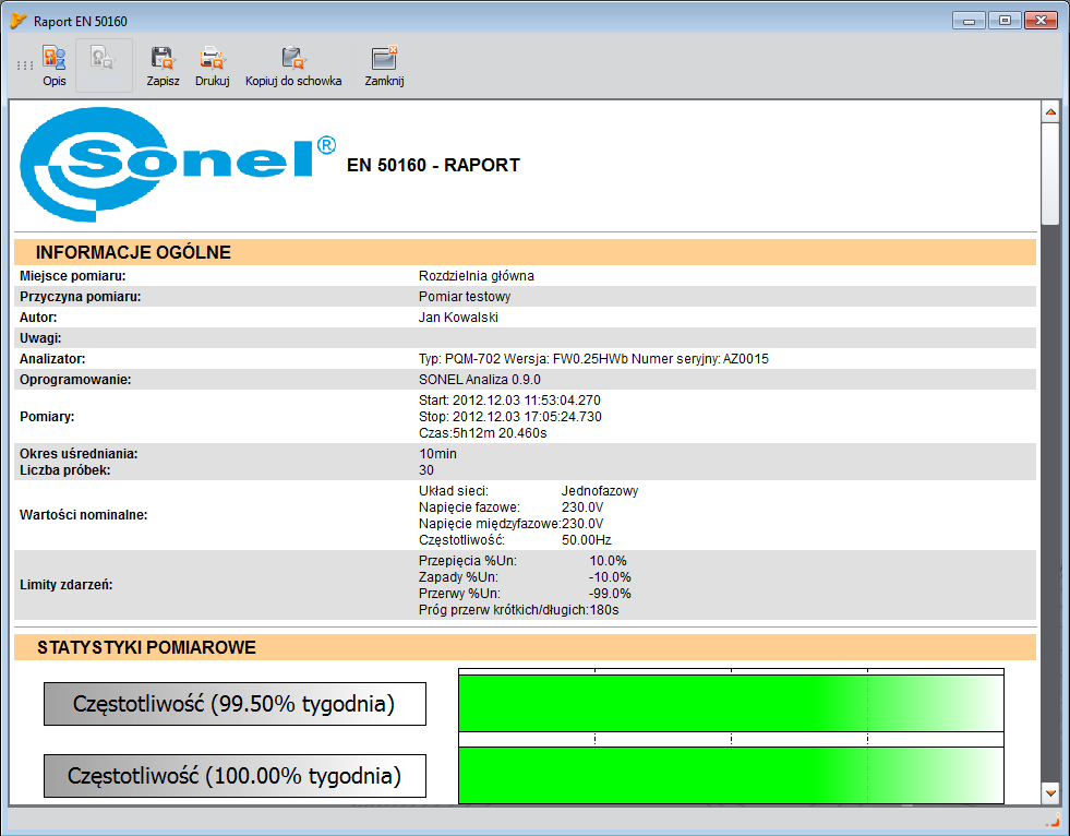 Instrukcja obsługi PQM-702 7.3.5 Eksport danych 106 Rys. 81. Raport pomiarowy na zgodność z normą EN 50160.