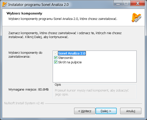 4 Program Sonel Analiza 2.0 Rys. 23. Instalator- ustawienie lokalizacji programu. Rys. 24. Instalator - wybór komponentów.