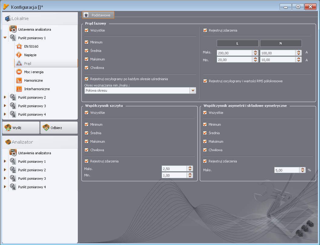 5 Konfiguracja analizatora opcję rejestracji współczynnika szczytu prądu, opcję rejestracji współczynników asymetrii i składowych symetrycznych prądu (podobnie jak w przypadku asymetrii napięcia).