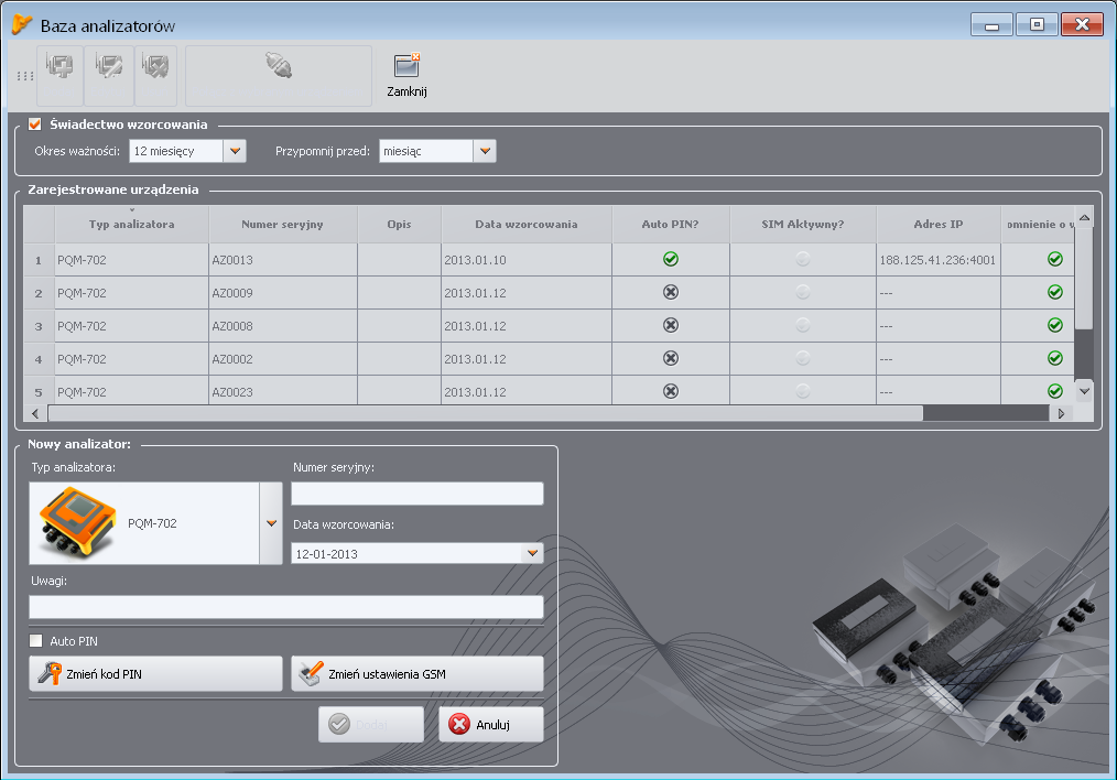 5 Konfiguracja analizatora Rys. 57. Dodawanie analizatora do bazy. 5.5 Obsługa trybu komunikacji przez GSM 5.5.1 Informacje ogólne o połączeniu GSM Wbudowany modem GSM pozwala na bezprzewodową komunikację z analizatorem z niemal dowolnej lokalizacji, gdzie jest dostęp do sieci Internet.