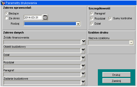 6) W celu wydrukowania sprawozdania należy wybrać na formatce Przegląd sprawozdań przycisk Zestawienia. Zaznaczony zakres sprawozdań Bieżące się znajdujemy.