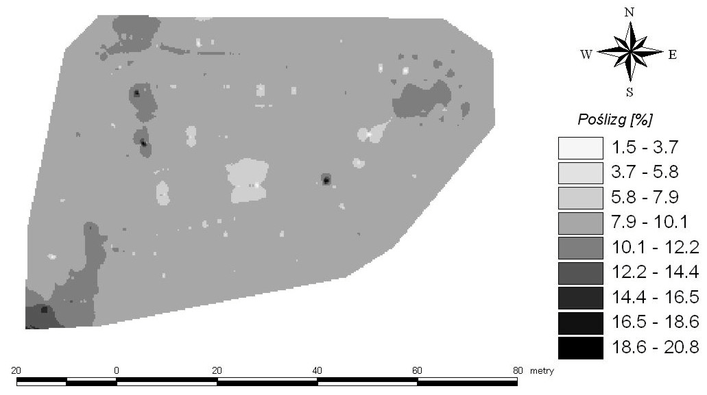 Paweł Kiełbasa Rys. 5. Przestrzenny rozkład zmienności wartości poślizgu kół napędowych ciągnika Fig. 5. Spatial distribution of tractor drive wheel slippage value variations Rys.