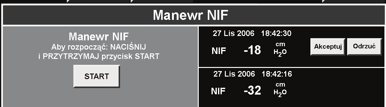 Rysunek 3. Ekran wyników manewru NIF 5. Jeżeli chcesz zachować dane do przywołania w przyszłości, naciśnij przycisk AKCEPTUJ z prawego boku ekranu, patrz: Rysunek 4 (lub zainicjuj kolejny manewr).