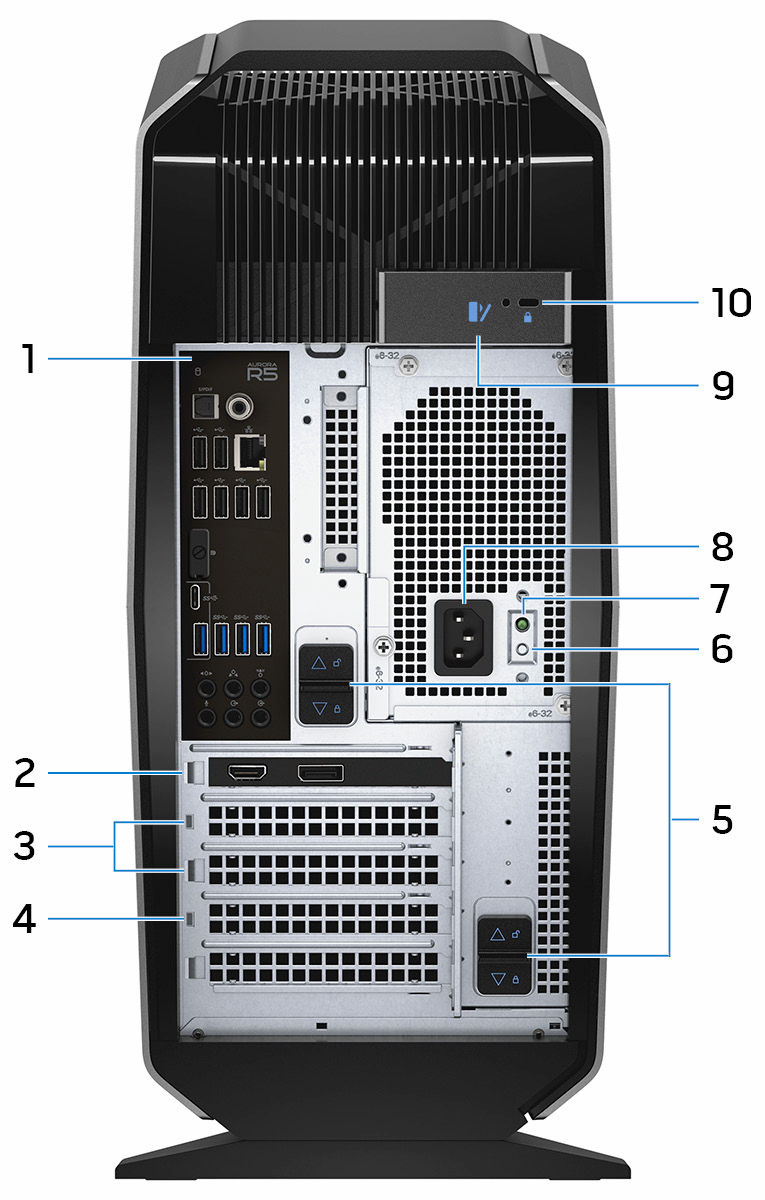 Tył 1 Panel tylny Służy do podłączania urządzeń USB, audio i innych. 2 PCI-Express X16 (gniazdo karty graficznej 1) Służy do podłączania karty PCI-Express, np.