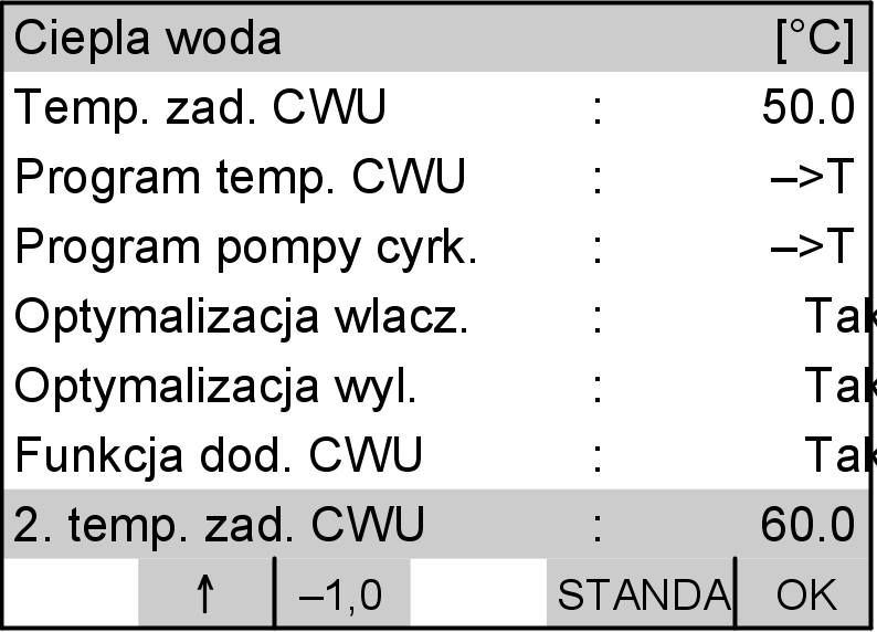 Dalsze nastawy 2. Temperatura zadana ciepłej wody użytkowej (ciąg dalszy) 3. Ciepła woda użytkowa. 4. y/x do chwili zaznaczenia 2. temp. zadanej CWU (patrz rysunek przedstawiający wyświetlacz).