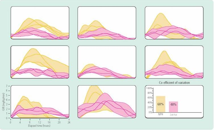 Odpowiedź stężenia glukozy w osoczu na różne insuliny długo działające: NPH, Glargine