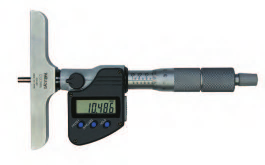 Głębokościomierz mikrometryczny Digimatic Seria 329 Typ z wymiennymi trzpieniami Wymienne trzpienie ø 4mm o docieranych końcówkach pomiarowych. Grzechotka zapewnia stałą siłę docisku.