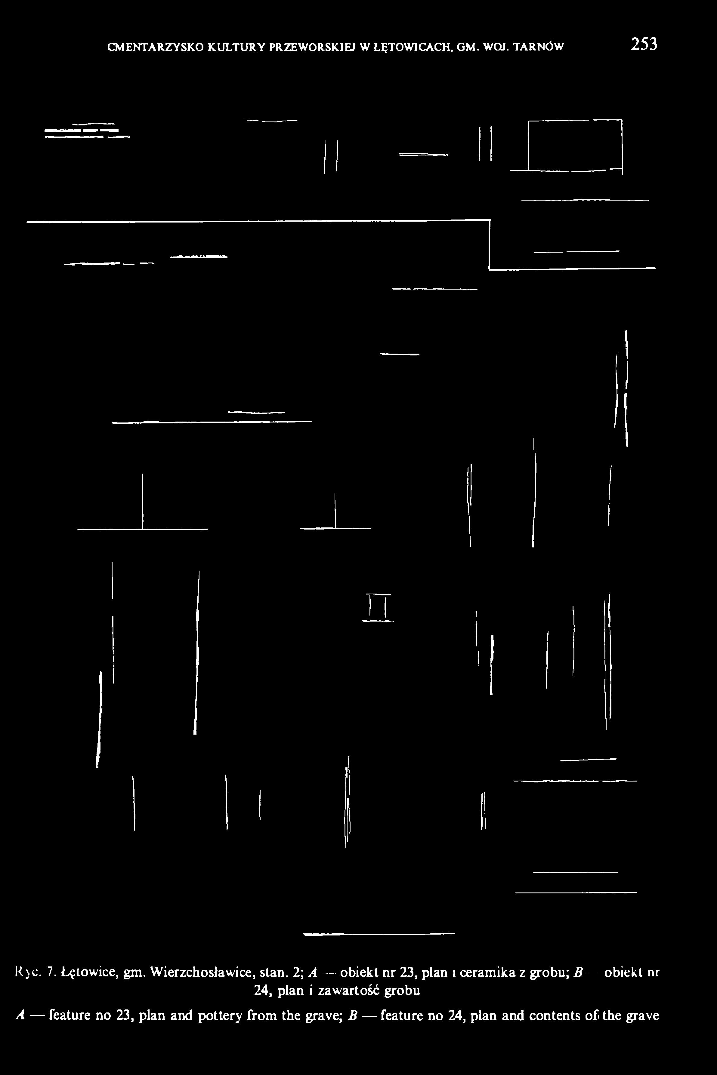 2; A obiekt nr 23, plan i ceramika z grobu; В 24, plan i zawartość grobu