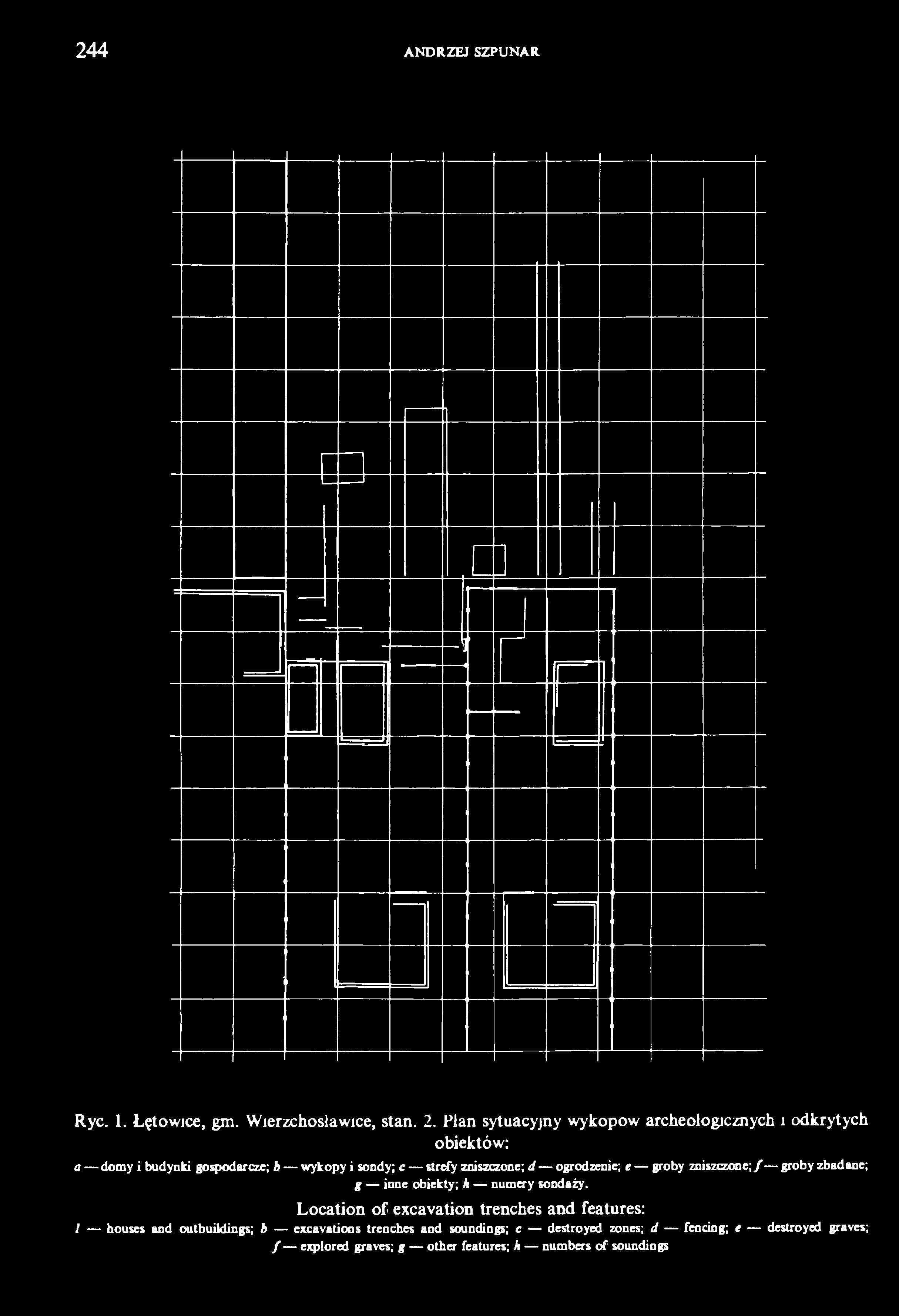 zniszczone; d ogrodzenie; e groby zniszczone; / groby zbadane; g inne obiekty; h numery sondaży.