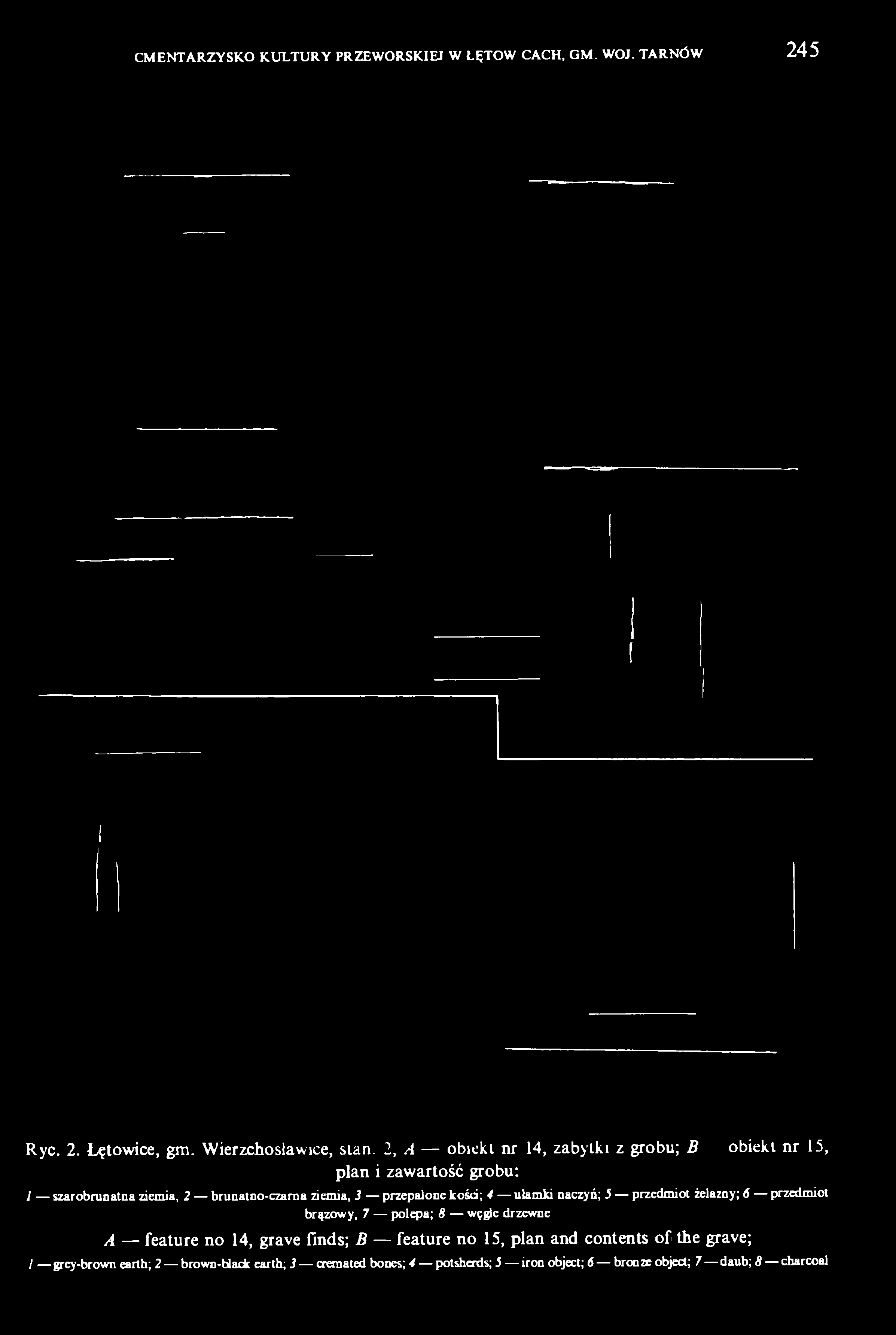 przepalone kości; 4 ułamki naczyń; 5 przedmiot żelazny; 6 przedmiot brązowy, 7 polepa; 8 węgle drzewne A feature no 14, grave finds; В
