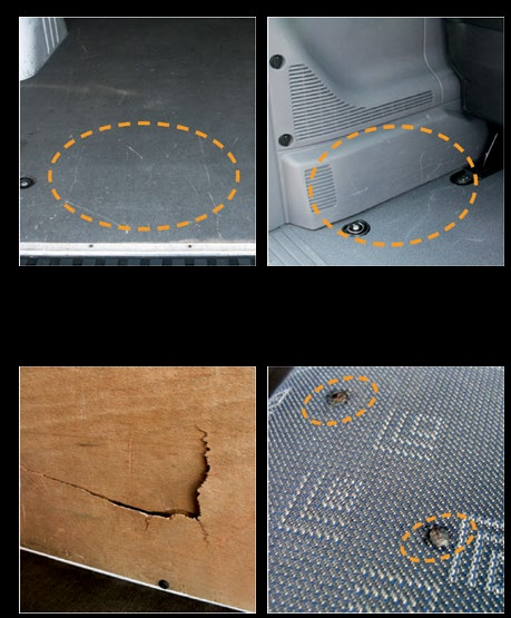 Przewodnik Użytkownika Pojazdu Normalne Zużycie 43 Wnętrze pojazdu Porysowana powierzchnia podłogi przestrzeni ładunkowej Pęknięte, uszkodzone elementy poszycia ścian bocznych Porysowane elementy