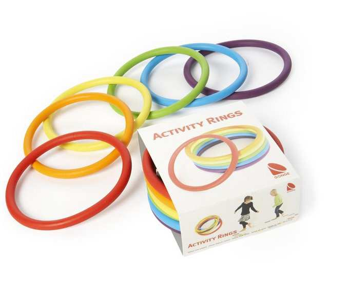 121. Kpl. 1 Kolorowe obręcze gumowe- Lub równoważne kolorowe obręcze do zabawy, gier, gimnastyki. Pierścienie wykonane są z miękkiej gumy.