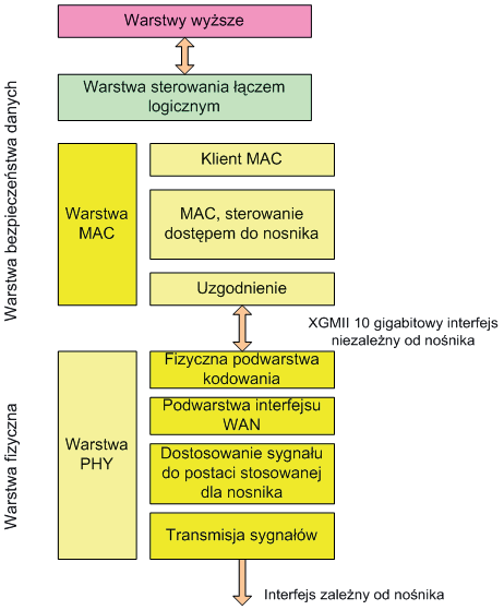 Aplikacja standardu Ethernet w sieci szkieletowej 349 Podział standardu Ethernetu 10 G na obszary Logical Link Control (LLC), Medium Access Control (MAC) i złącze fizyczne jest zgodny z innymi