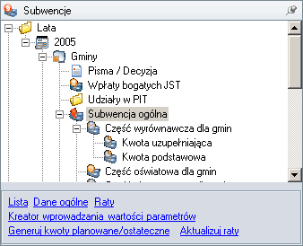 Rysunek 132. Drzewo Subwencje Spowoduje to otwarcie okna zależności i powiązań pomiędzy parametrami niezbędnymi do wyliczenia subwencji, wpłat lub udziałów w PIT.