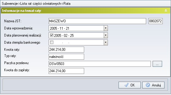 szczegółowe informacje dotyczące danej raty (rys. 149). Rysunek 149.