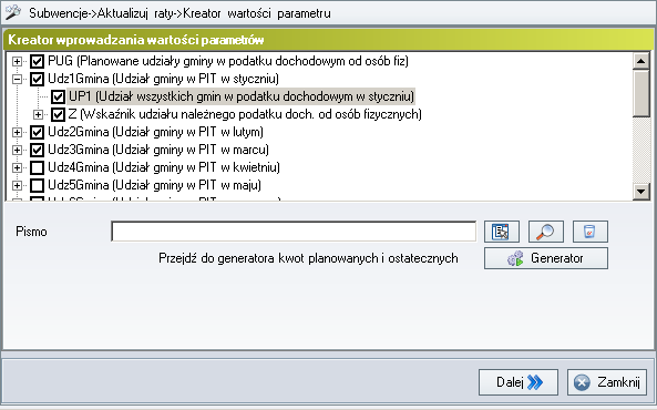 Rysunek 154. Okno ośrodkowe. Kreator wartości parametrów. Jeżeli parametr Udz1Gmina nie jest zaznaczony, wtedy należy wygenerować jego wartości.