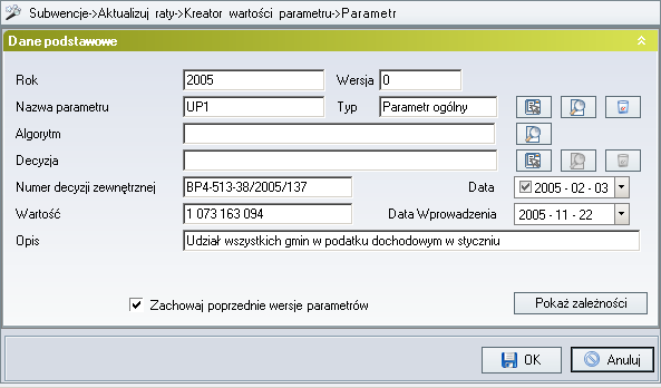 Rysunek 155. Kreator wartości parametru. Po wprowadzeniu do pola Wartość wartości parametru UP1 i kliknięciu na OK program wróci do okna Kreatora wartości parametrów.