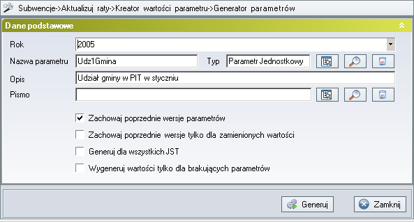 Natomiast parametr Udz1Gmina jest zaznaczony kolorem niebieskim, co oznacza, że wszystkie parametry potrzebne do jego wyliczenia zostały już wprowadzone i można przejść do wyliczenia