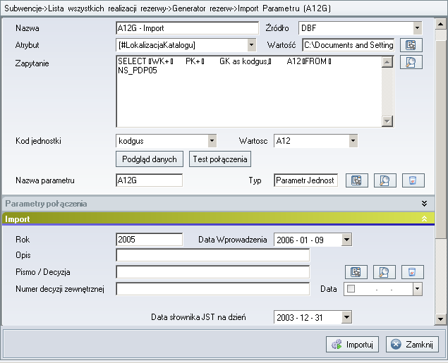 Rysunek 172. Okno przeprowadzania importu. Naciśnięcie przycisku Importuj powoduje rozpoczęcie procesu wczytywania danych do parametru.