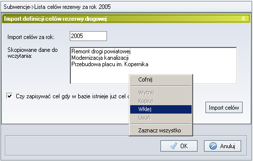 Rysunek 180. Okno importu celów. Wklejanie danych. Warunkiem przyjęcia importu jest to, że w jednej linii musi się znajdować tylko jeden cel.