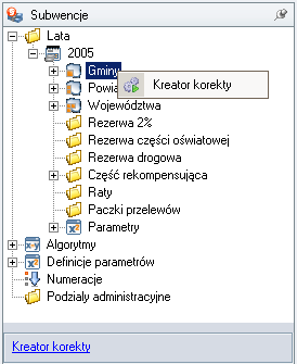 Rysunek 183. Uruchamianie kreatora korekt. Po wybraniu tej opcji, w oknie środkowym otworzy się Kreator wprowadzania korekt (rys. 184).