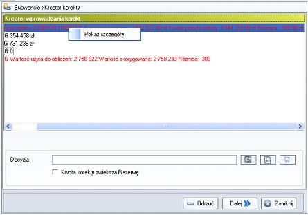 Rysunek 186. Okno ze skorygowanymi subwencjami. Menu Pokaż szczegóły".