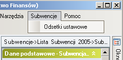 W tym celu należy z górnego menu Subwencje wybrać pozycję Odsetki ustawowe (rys. 202). Rysunek 202. Menu główne. Wybieranie opcji Odsetki ustawowe.