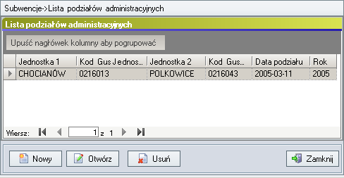 Rysunek 205. Lista podziałów administracyjnych. Aby dodać nowy podział administracyjny, należy kliknąć przycisk Nowy w dolnej części okna albo z paska narzędzi.