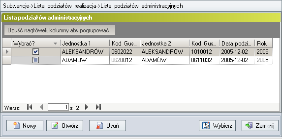 województwo). Aby dodać nową realizację podziału, należy kliknąć przycisk Nowy. W rezultacie wyświetlona zostanie Lista podziałów administracyjnych (rys. 209).