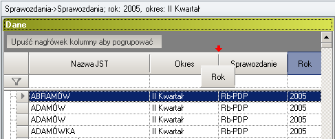 2.3.1. Zmiana kolejności kolumn Aby zmienić kolejność kolumn, należy kliknąć nagłówek kolumny i trzymając wciśnięty lewy przycisk myszki przeciągnąć kolumnę w lewo albo w prawo (rys. 14).